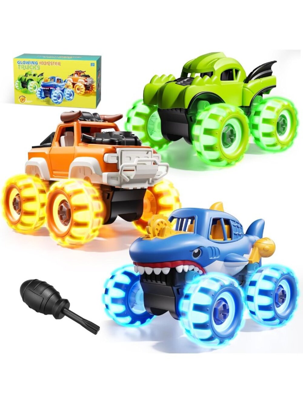 Light Up Monster Truck Toys for Kids - 3 Pack Take Apart Fun for Boys